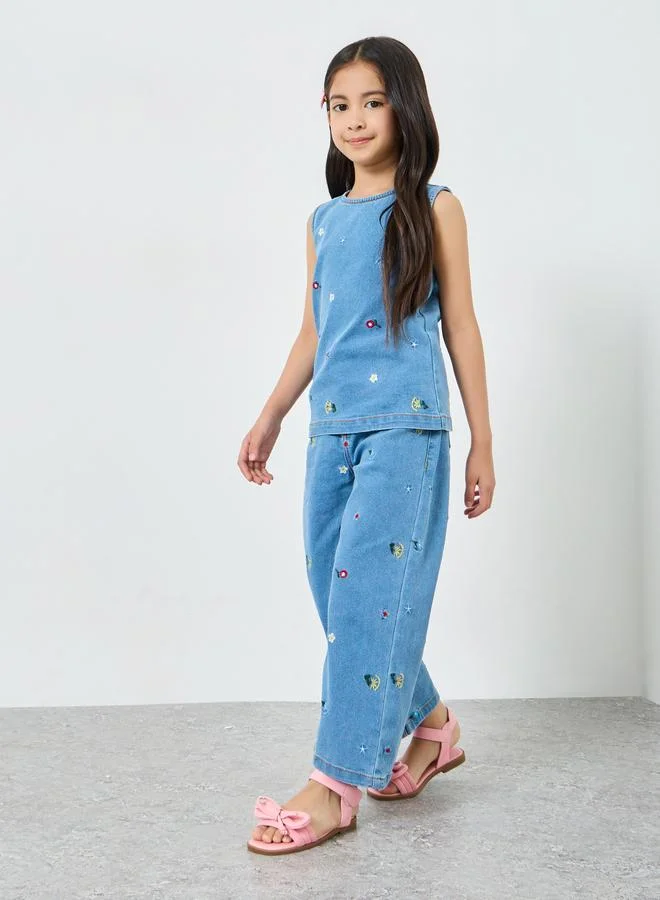 Styli Girls Light Blue Embroidered Denim Jeans